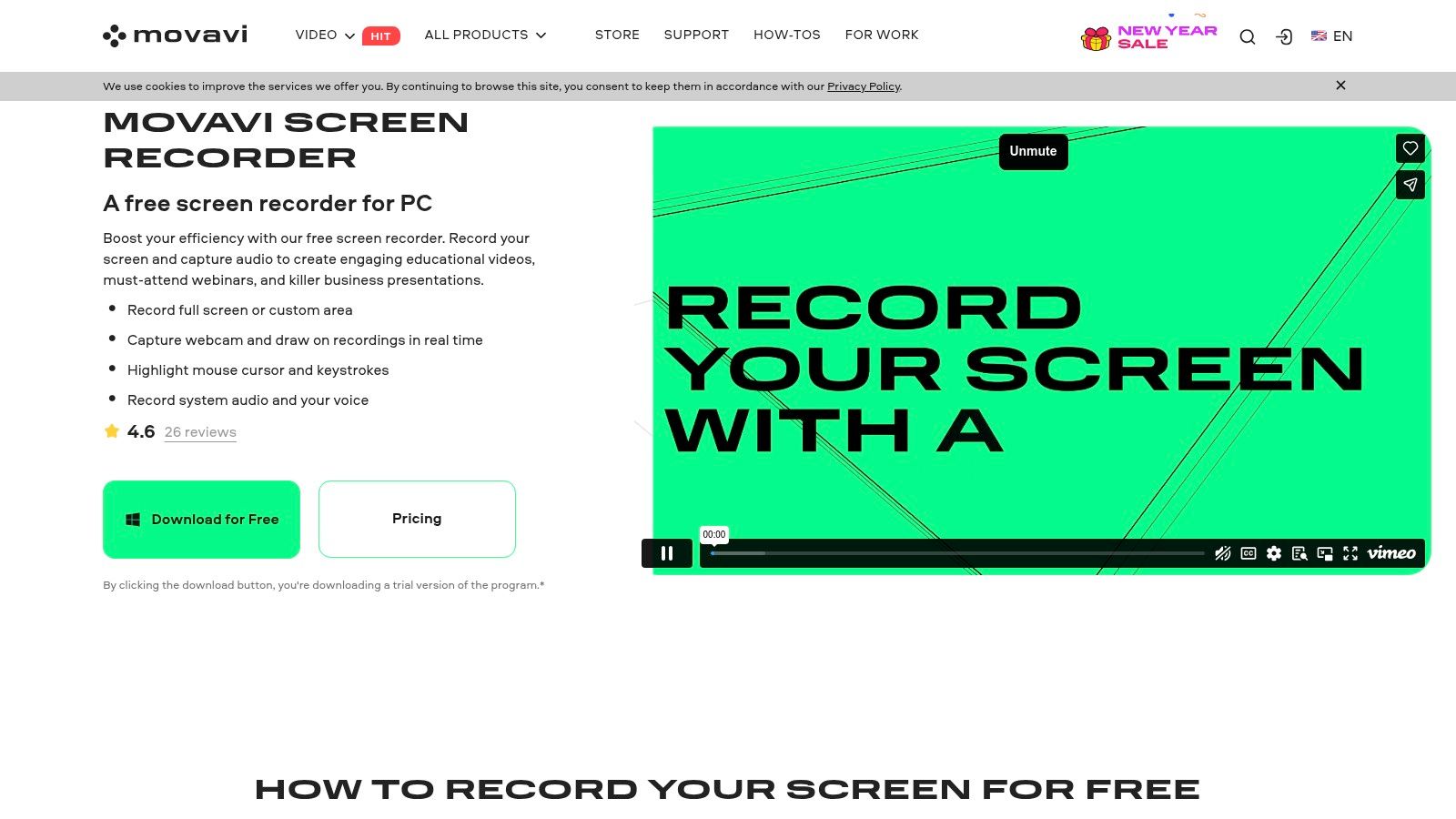 Movavi Screen Recorder interface on macOS showing recording settings