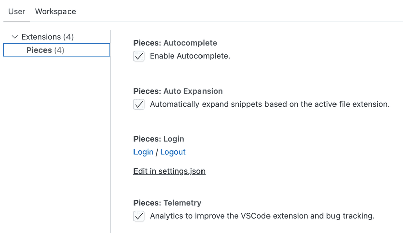 The Pieces for VS Code settings.