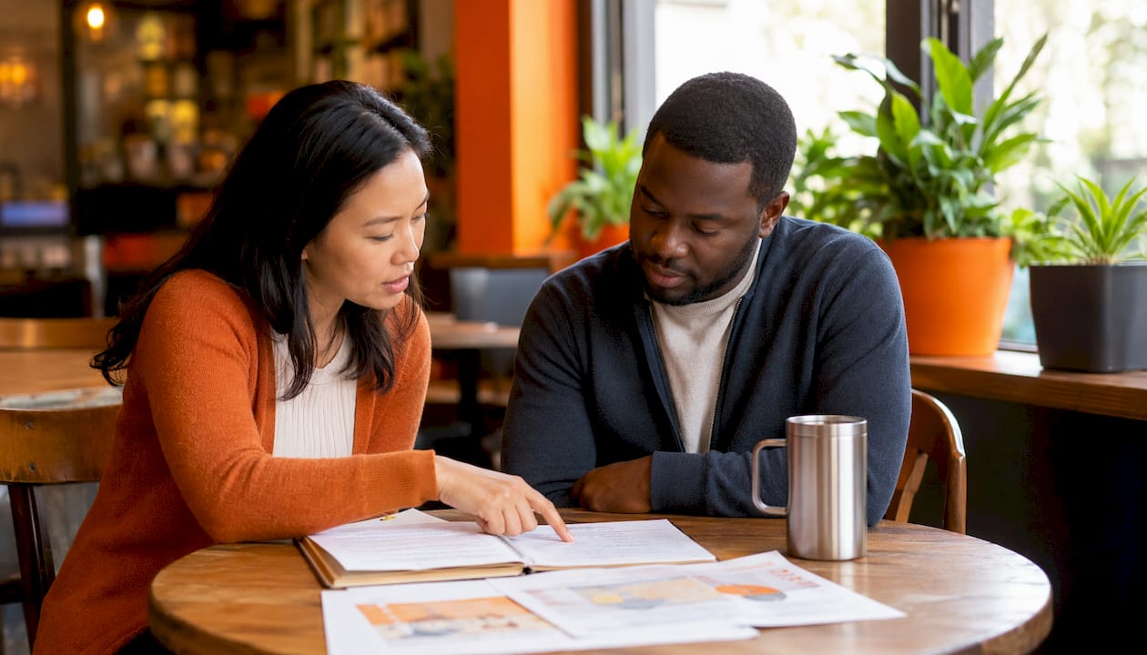 Two professionals discussing job training program details