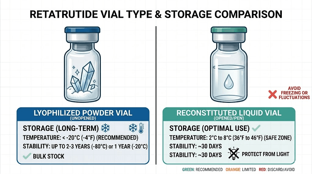 Lyophilized vs reconstituted retatrutide storage requirements comparison