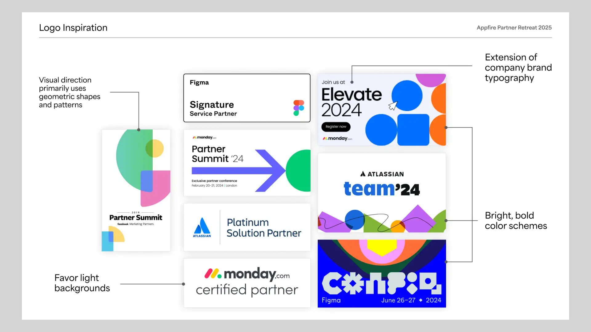 A collage titled "Logo Inspiration" showing various brand logos and designs with geometric shapes and patterns. Notable elements include Figma, Monday.com, and Atlassian logos. Designs feature bright, bold colors, light backgrounds, and extensions of company brand typography. Key emphasis on geometric elements, such as circles and arrows, conveying a modern, vibrant tone.