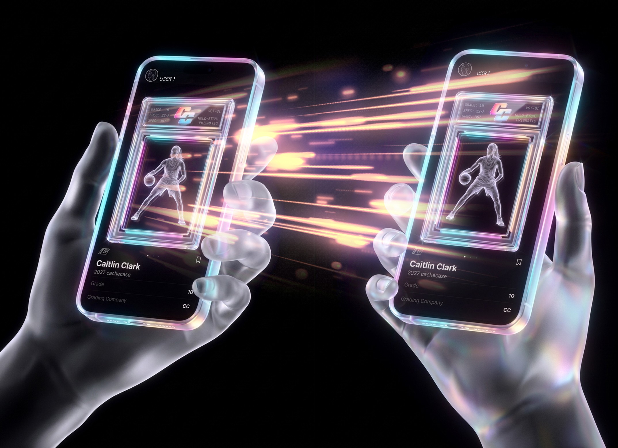 Hands holding two smartphones side by side, displaying glowing digital trading cards on screen. Vibrant magenta and purple neon energy trails connect the phones against a dark, metallic background to represent digital item transfer.