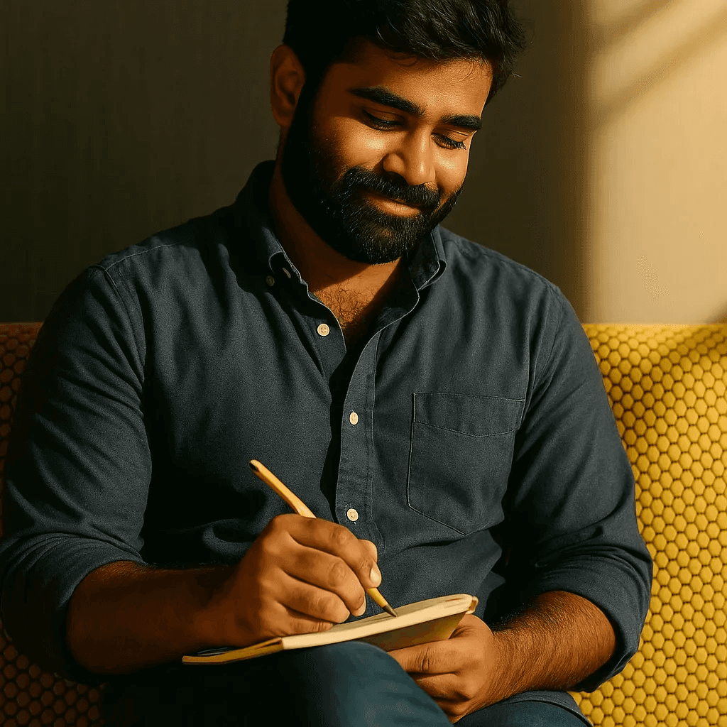 Man with a beard in a dark button-up shirt, smiling while writing in a notebook.