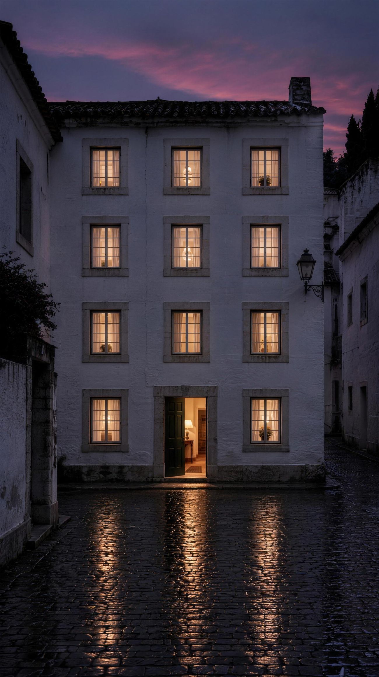 Casa Tarde at dusk, its windows lit above a wet cobbled lane