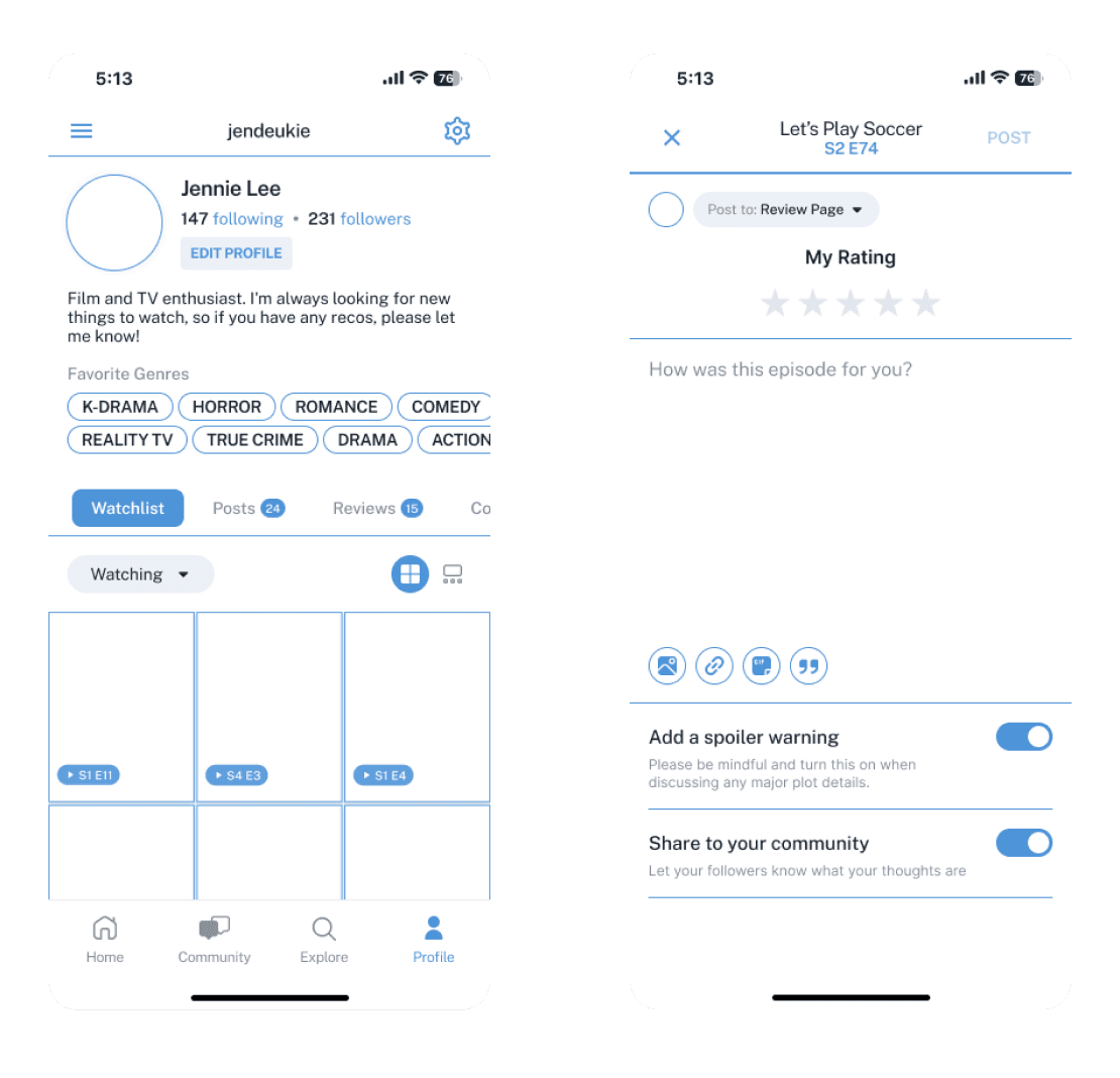 Mid-fidelity wireframes for Profile page and Review page