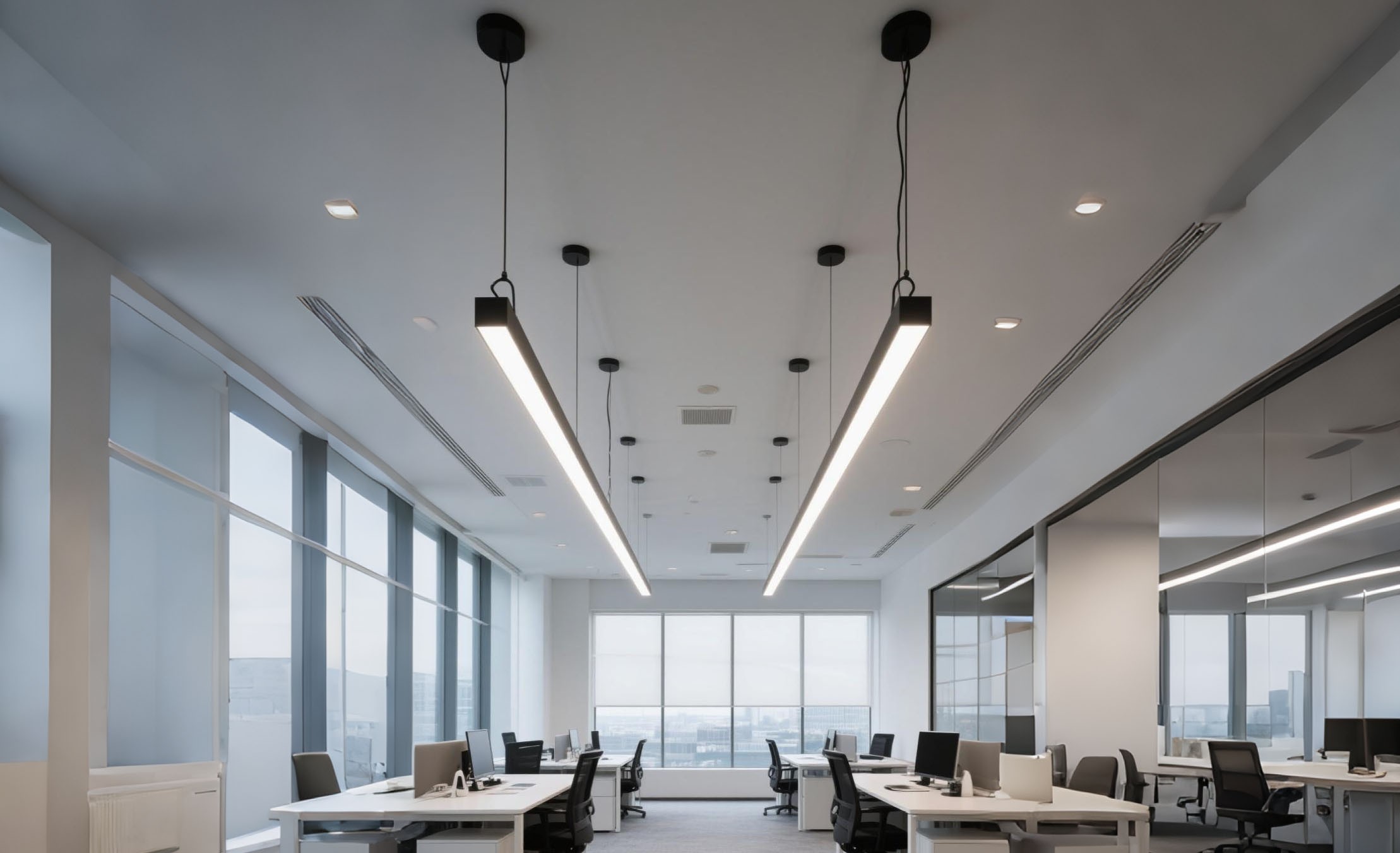 LSA UP/DOWN linear light installed in modern office ceiling with seamless cascading connection