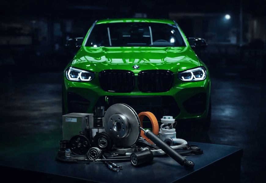 Green car with auto parts in front