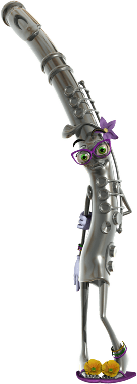 Febe Flute, a silver flute character with flowers.