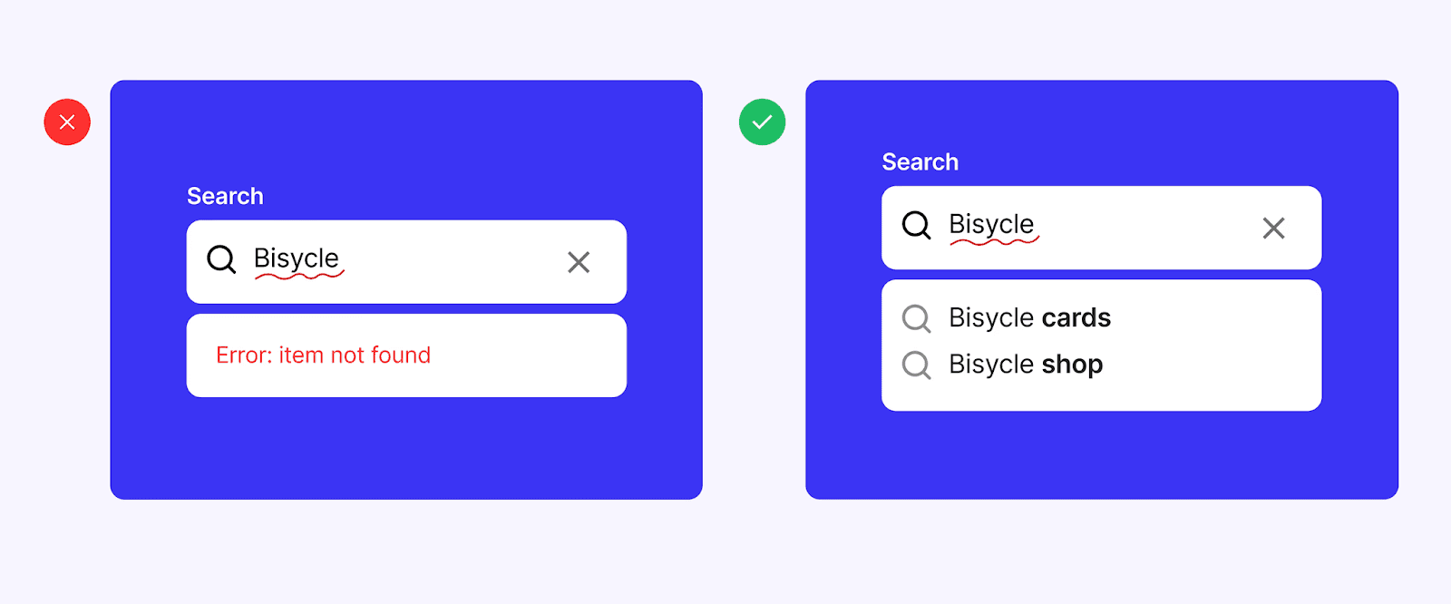 Búsqueda con error ortográfico “Bisycle”: mensaje poco útil vs. un diseño que ofrece sugerencias de consulta (por ejemplo, “Bisycle cards”, “Bisycle shop”)