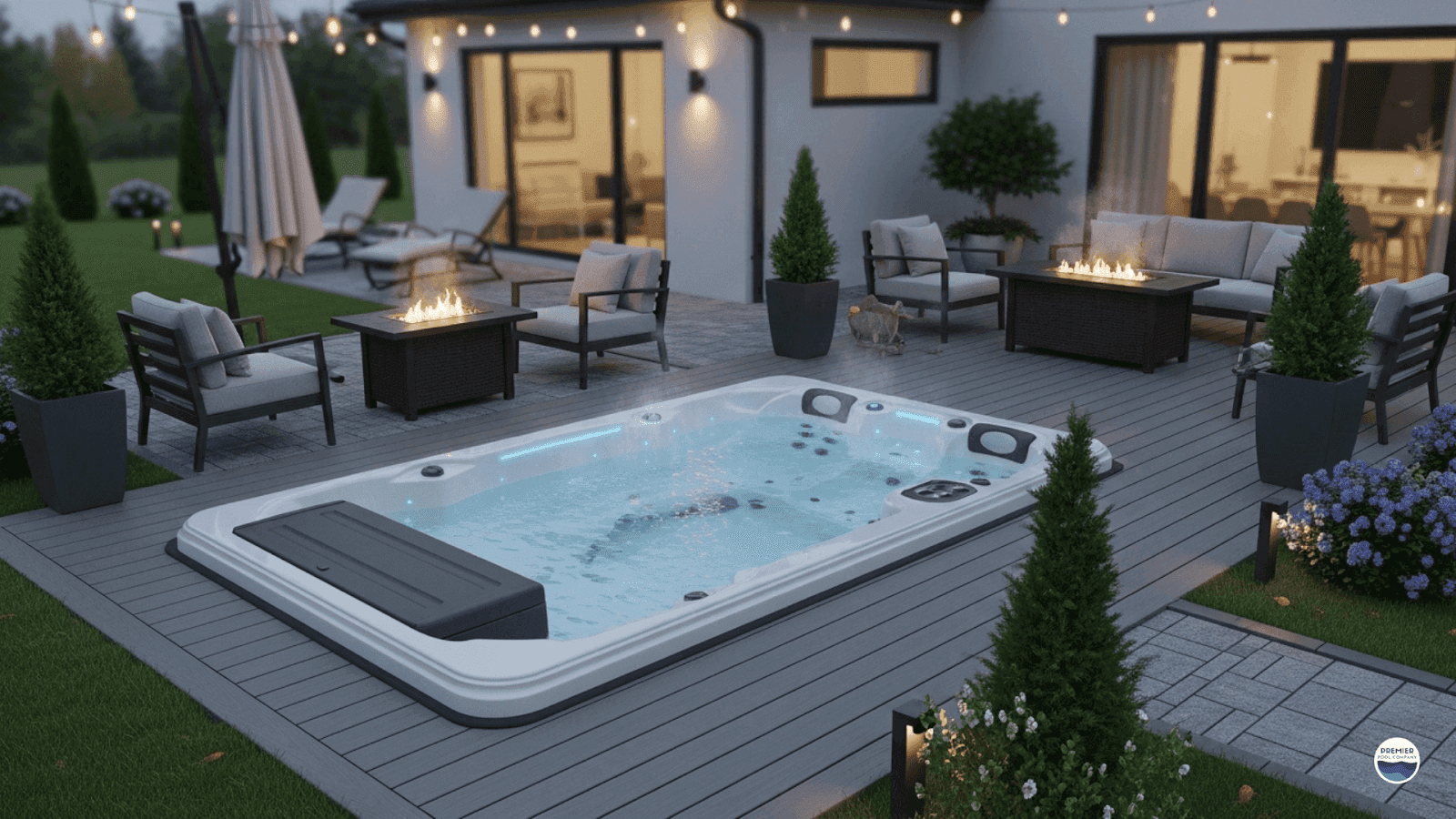 Luxury swim spa integrated into modern backyard wellness space