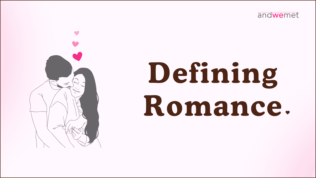 A line-art illustration of a couple in a loving embrace, with hearts floating above their heads. This symbolizes the feeling of romance and is used for a blog post about defining what romance means in a relationship.