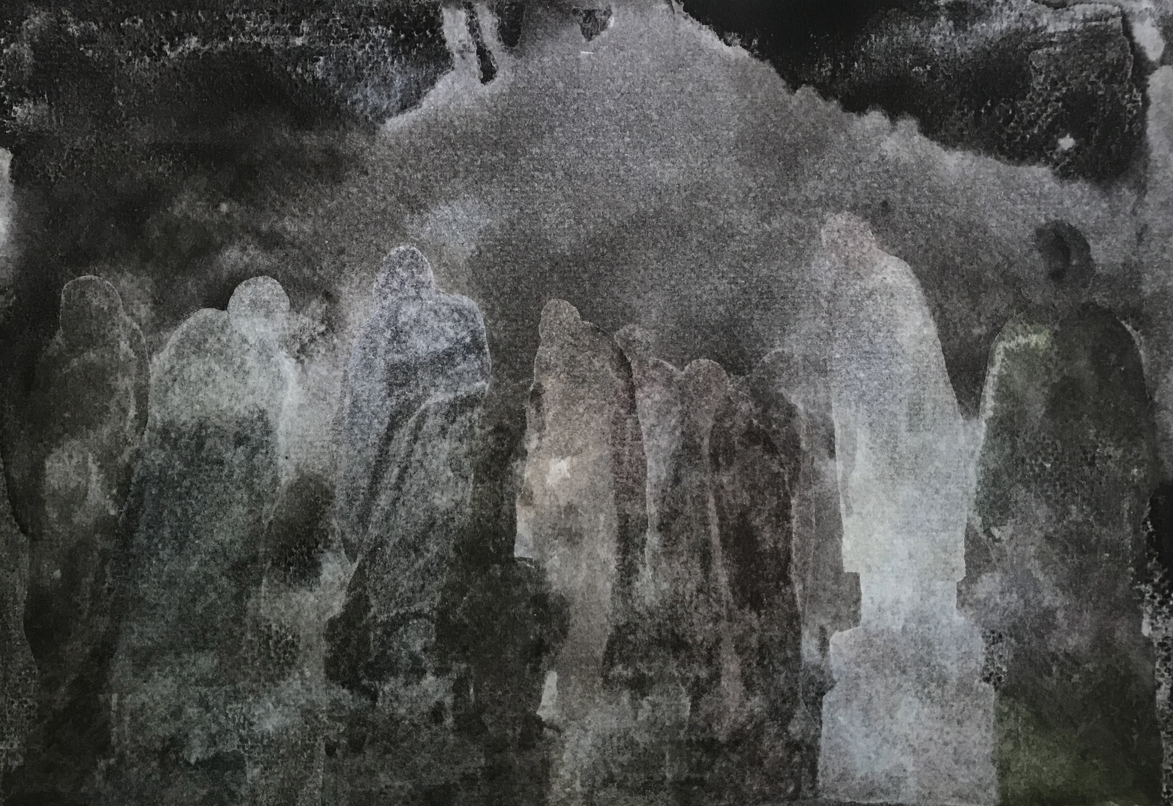 herd of sheep on road painting