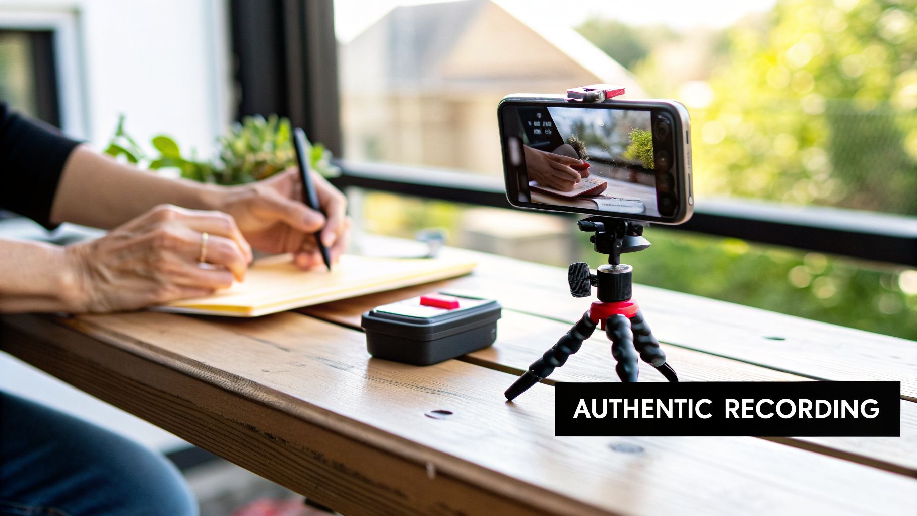 A person records their hands writing in a notebook on a wooden table using a smartphone on a tripod.