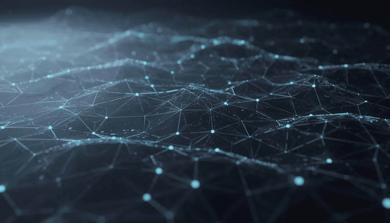 The image depicts a network of interconnected glowing nodes against a dark background, representing a blockchain network. This visual symbolizes the decentralized finance landscape and the complex relationships within cryptocurrency transactions and digital assets.