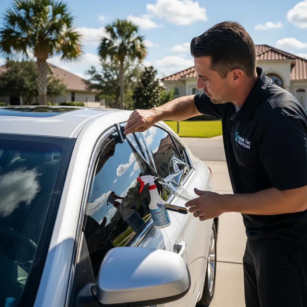 Technician installing window film on a car in Navarre, FL