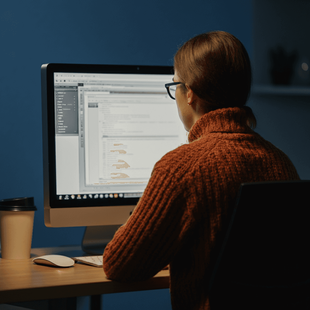 person at computer with back towards camera