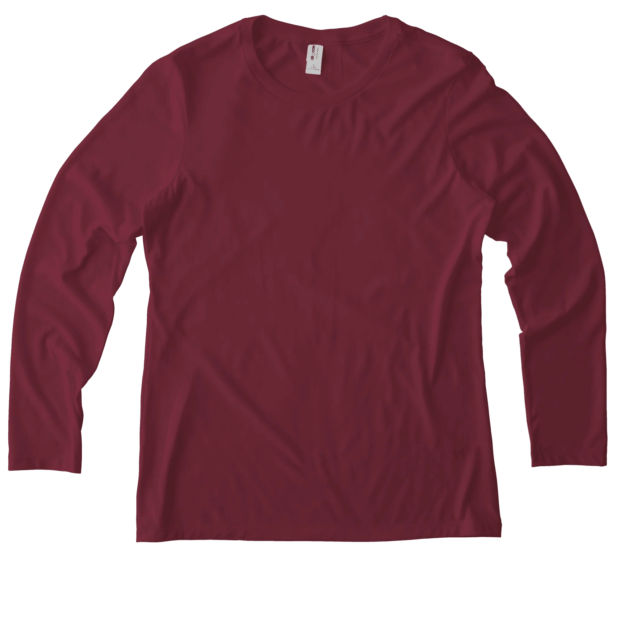 A burgundy long-sleeve crew neck shirt is neatly laid out on a flat surface, showcasing its soft fabric and simple, casual design suitable for everyday wear.