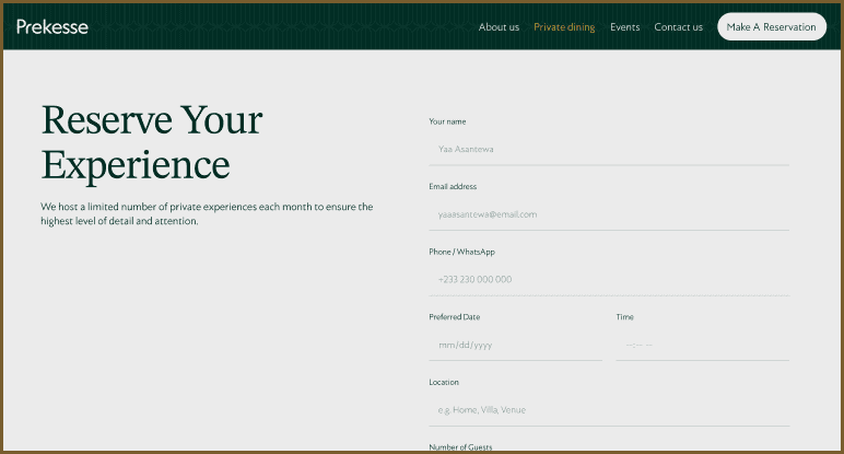 Private dining reservation form