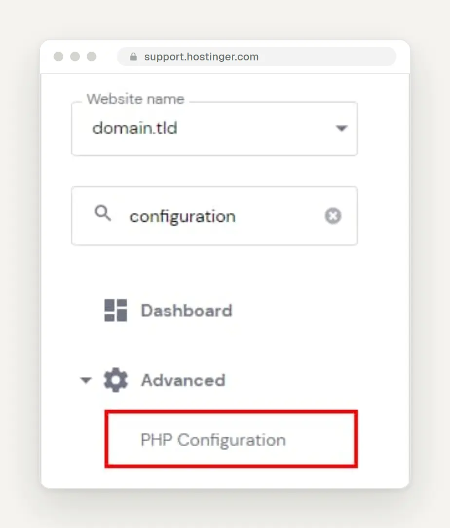 Hostinger hPanel, English interface: Use the search function in the sidebar to find the "PHP Configuration" entry