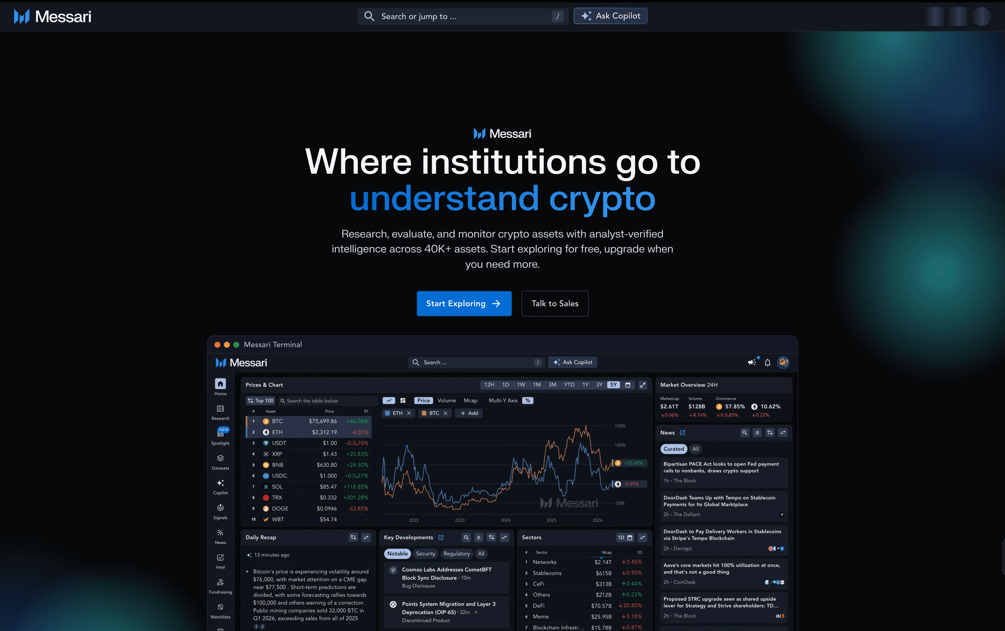 Messari homepage crypto research and market data platform