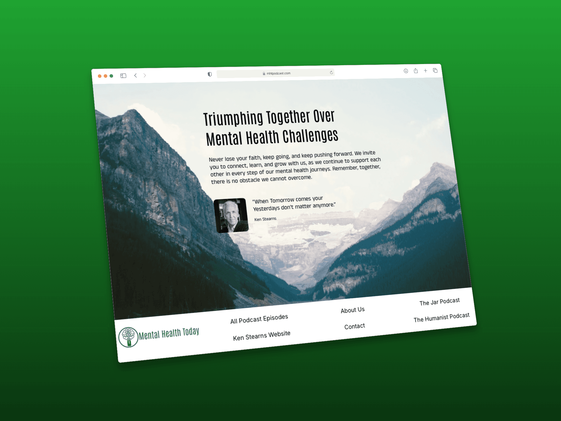 A final laptop mockup displays a blog or article resource section with images and text blocks, reinforcing the podcast’s commitment to connection and education.