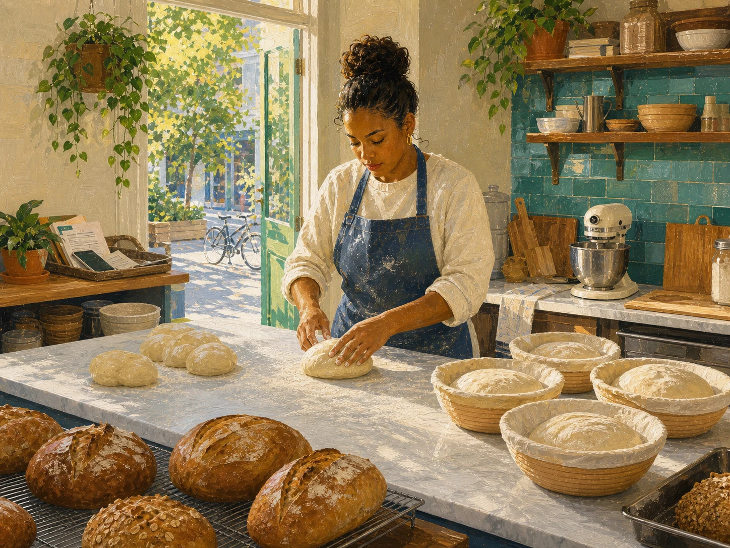 A baker protects one uninterrupted work mode as loaves move through a coherent preparation sequence.