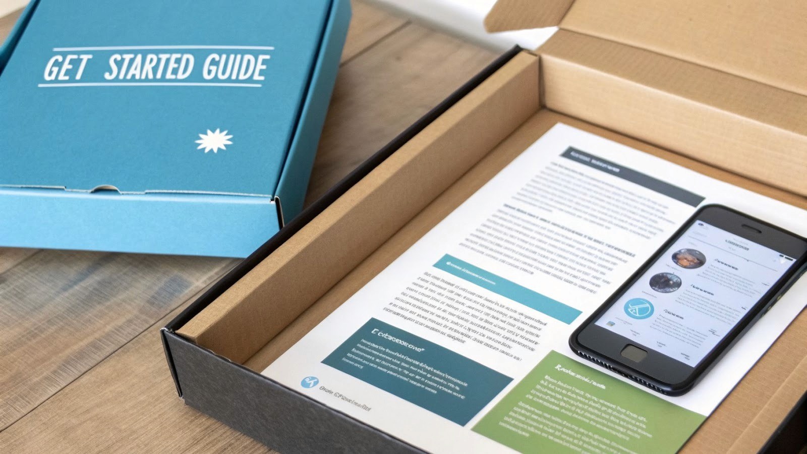 An open product box with a 'GET STARTED GUIDE' lid, containing a document and a smartphone.