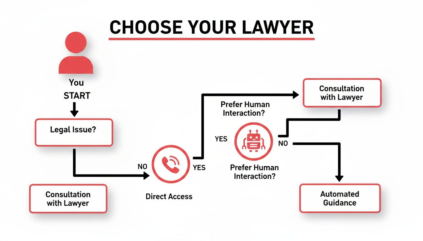Flowchart illustrating the decision process to choose a lawyer, considering legal issues, direct access, and interaction preference.