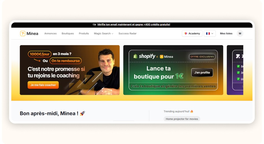 Page d'accueil de Minea, une plateforme de dropshipping avec des offres de coaching et des promotions exclusives pour lancer une boutique Shopify à bas prix.