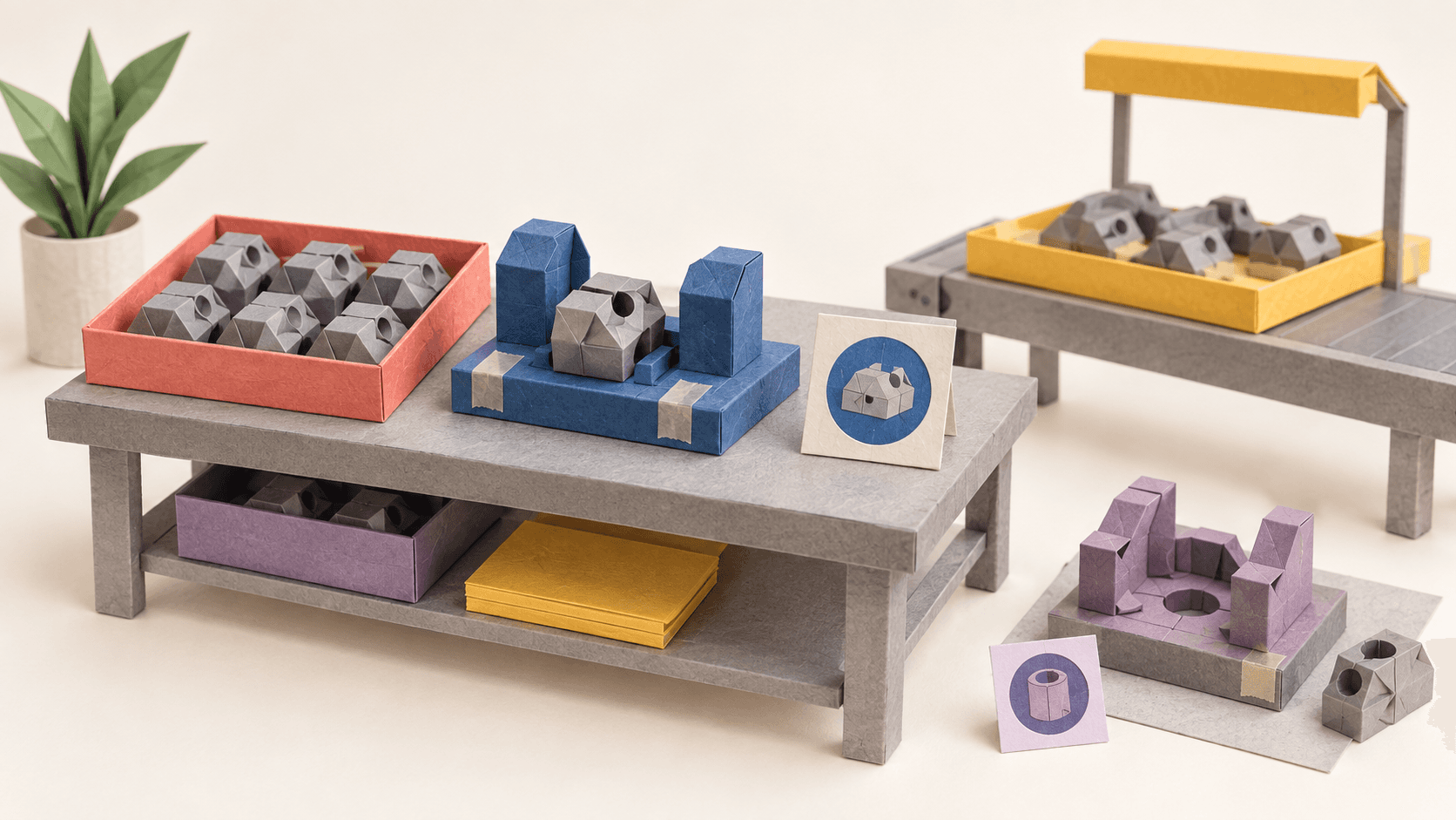 Paper-craft production handoff showing a job, fixture setup, verification check and the next operation.