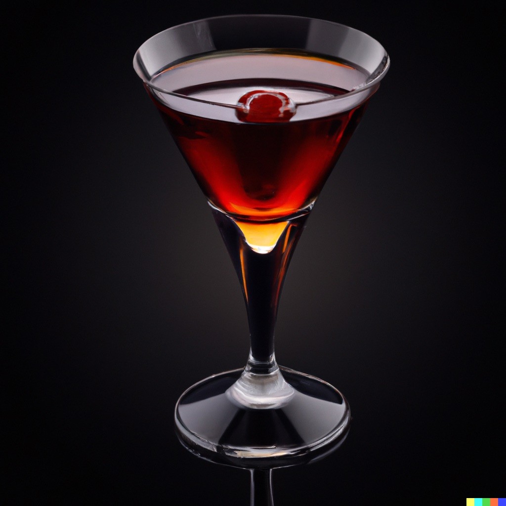 A classic cocktail glass filled with a dark red Manhattan, garnished with a cherry, against a black background.