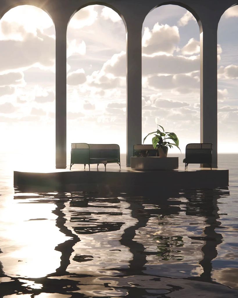 A grand archway with a table and chairs immersed in water, creating a serene and surreal ambiance.