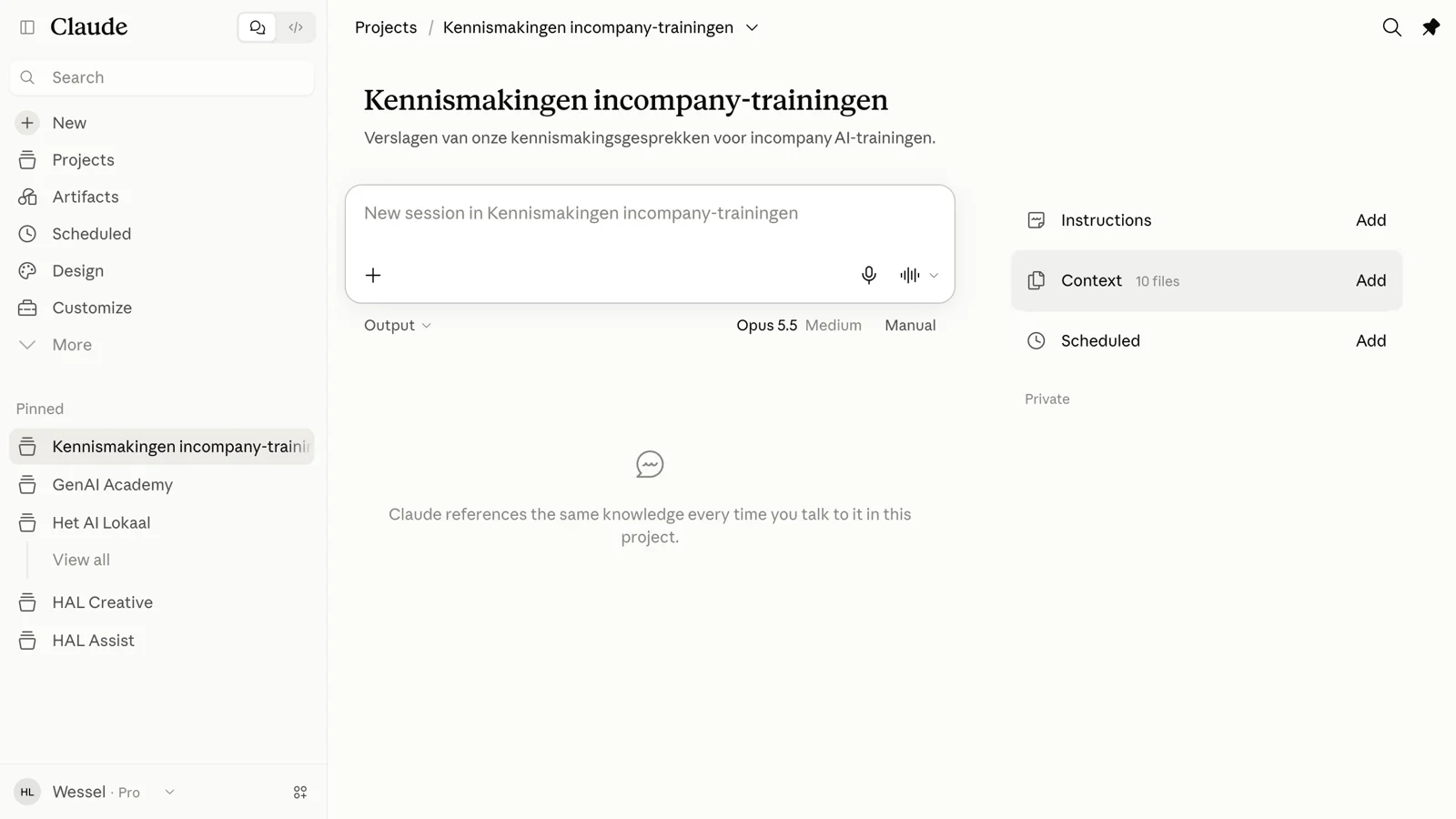 Claude-project Kennismakingen incompany-trainingen met tien bestanden onder Context, Opus 5.5 gekozen en een leeg invoervak voor een nieuwe sessie