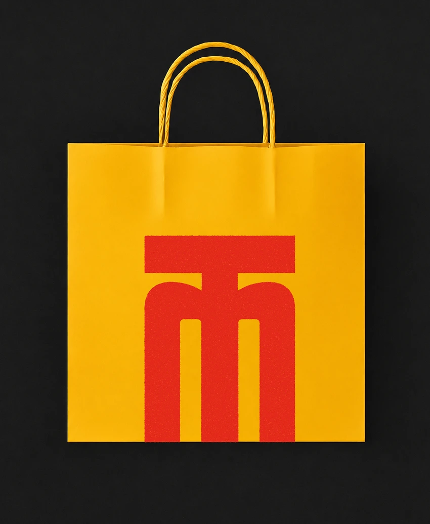A yellow paper carry bag with a large red Mangaluru Canteen monogram on a black background.