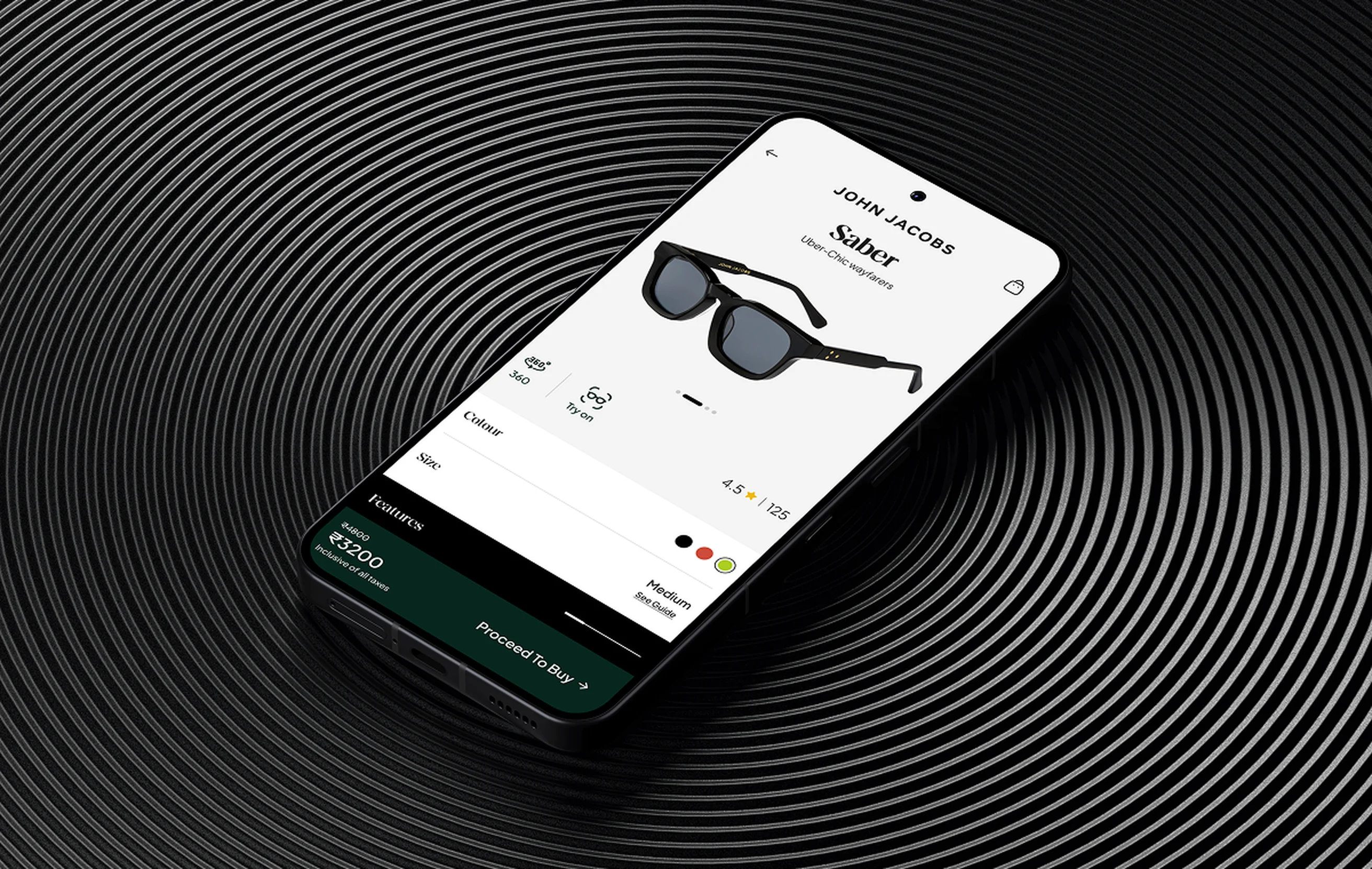 John Jacobs product detail page for the Saber wayfarers, with colour, size and feature selection