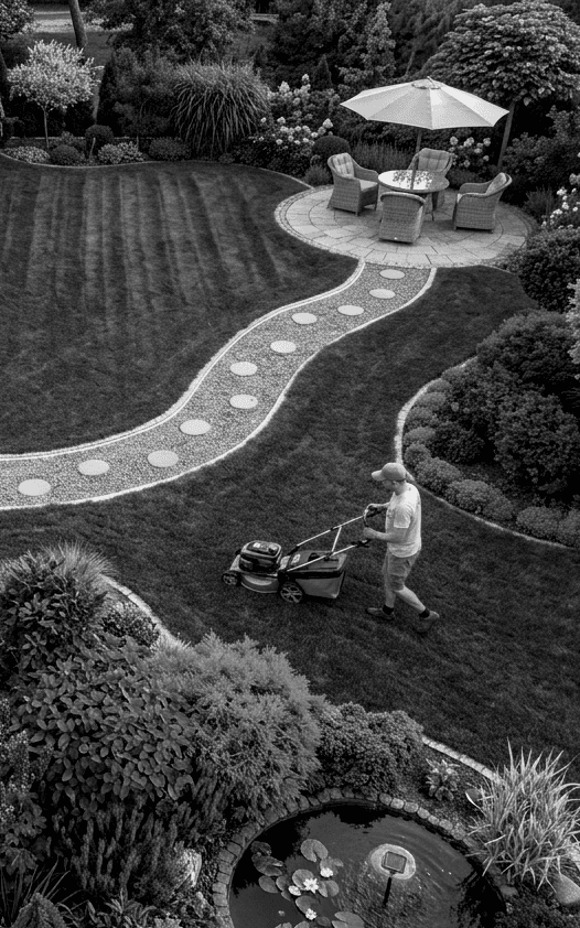 Aerial view of a beautifully maintained residential garden, the kind of result that seo for landscapers helps showcase online, featuring a winding gravel and stepping stone pathway, neatly striped lawn, colorful flower borders with blue delphiniums and purple salvia, a small garden pond, patio seating area with umbrella, and a gardener mowing the grass.