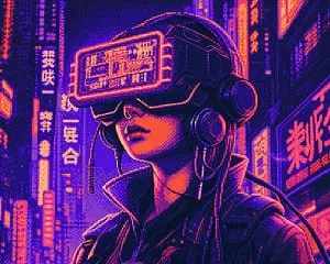 Cyberpunk illustration with neon colors and futuristic technology