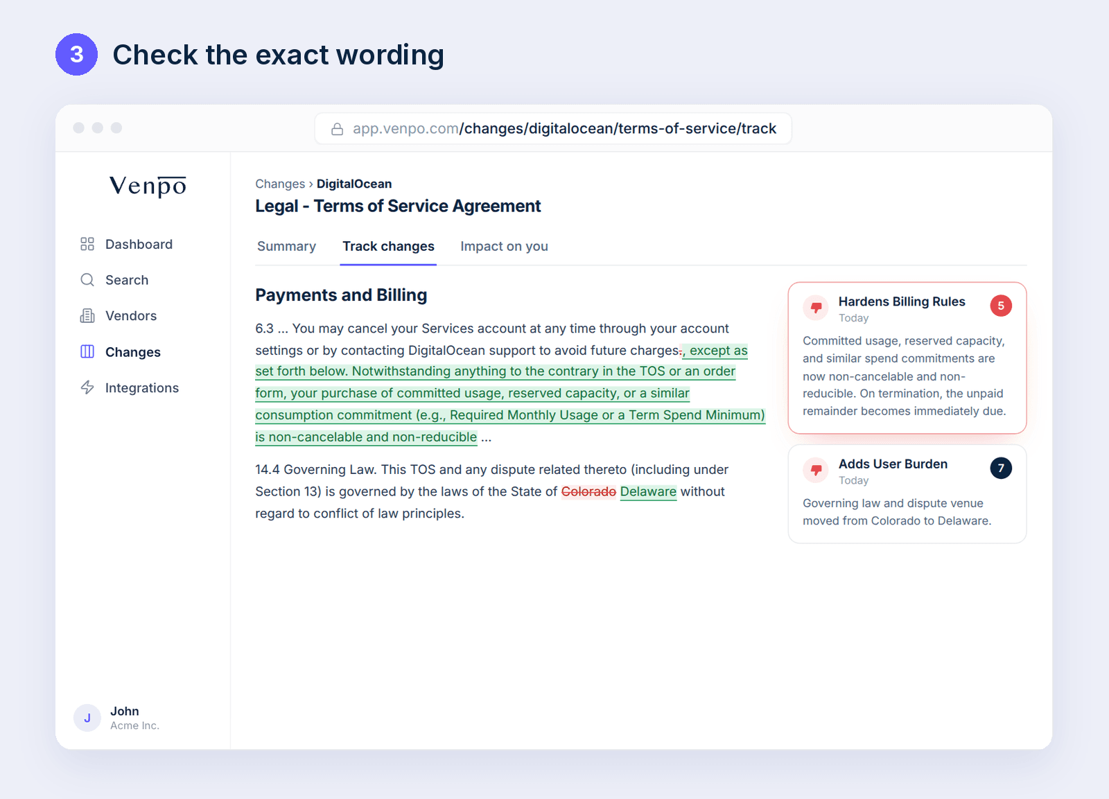 Venpo redline showing the exact wording added to DigitalOcean's terms of service