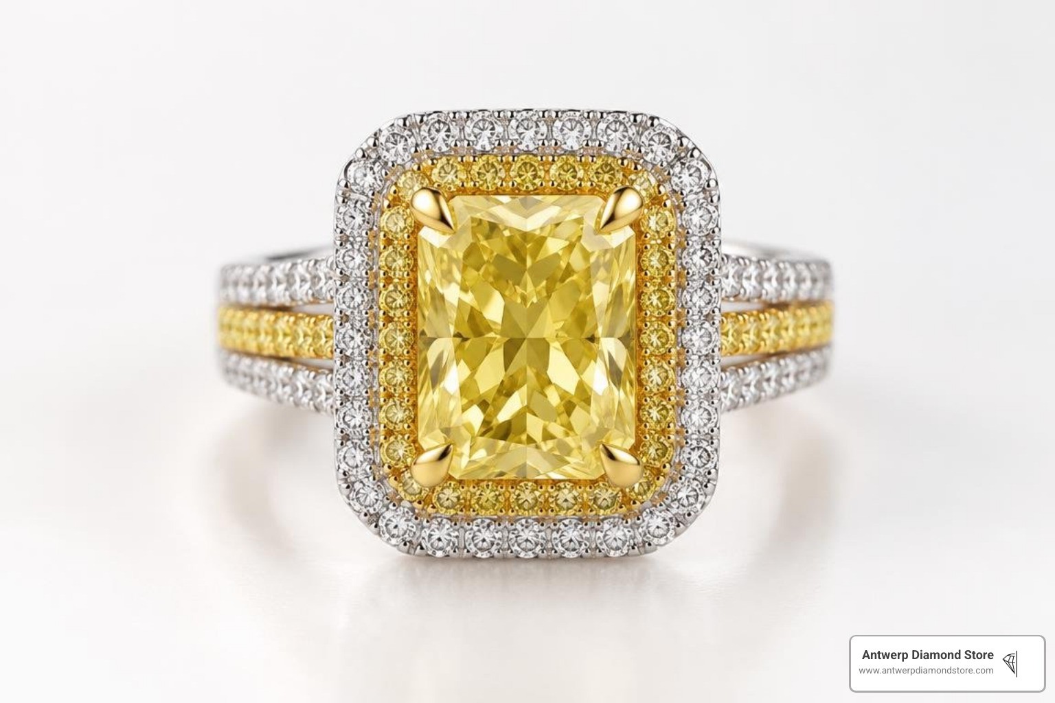3 carat radiant cut yellow diamond ring in two-tone platinum and gold halo setting