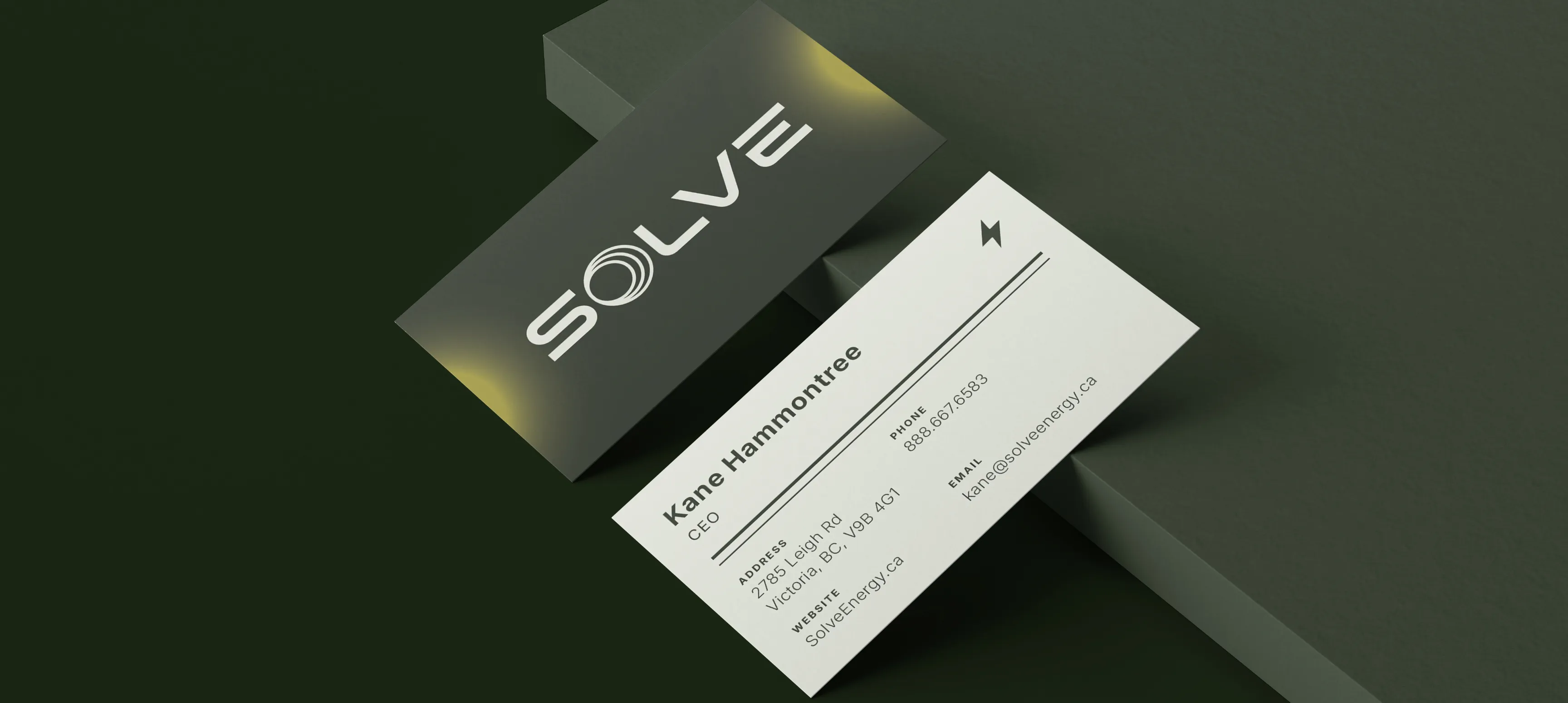 Solve energy's business card mocked up on a dark background.