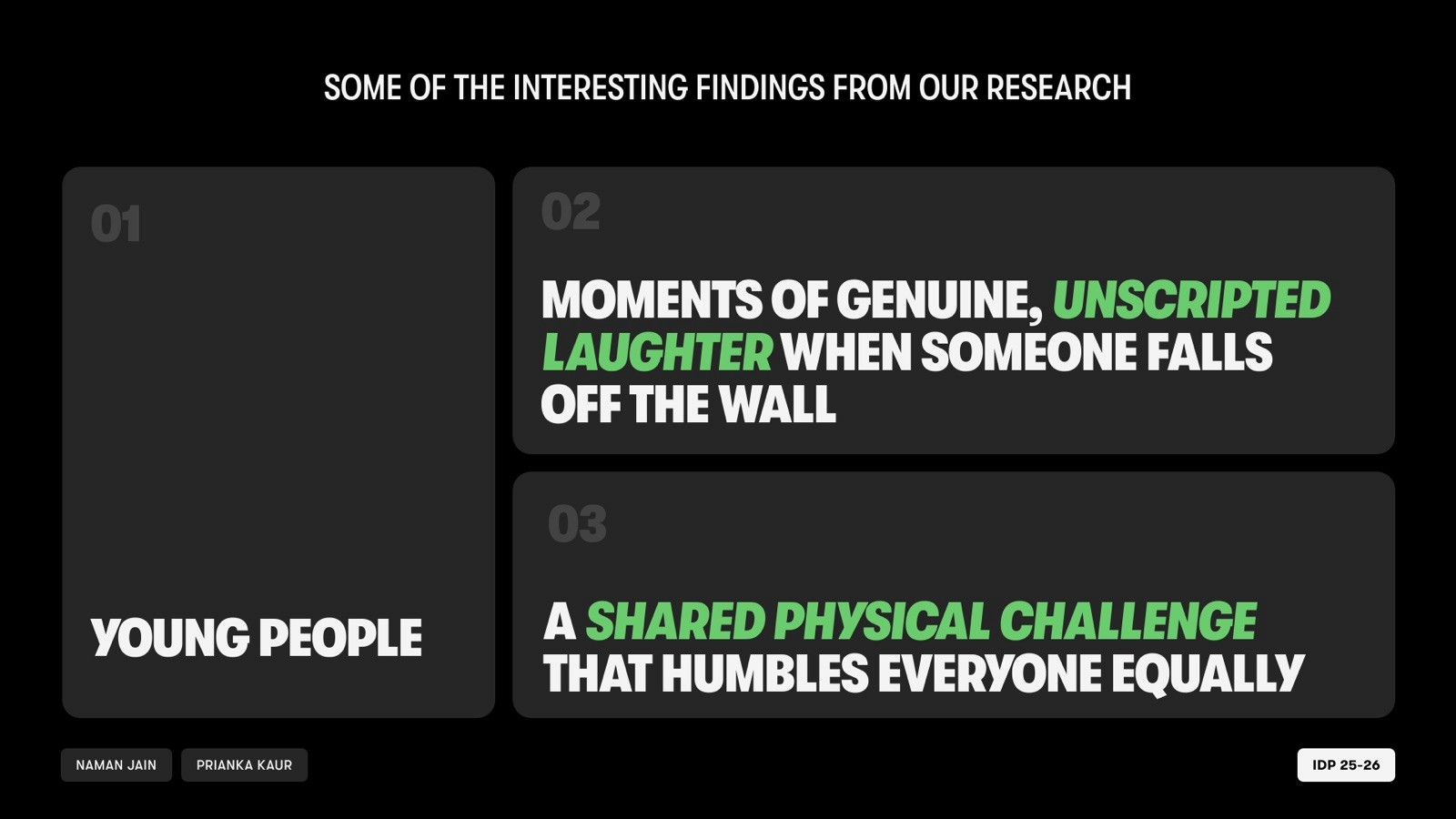 Slide “Some of the interesting findings from our research”: 01 Young people; 02 Moments of genuine, unscripted laughter when someone falls off the wall; 03 A shared physical challenge that humbles everyone equally