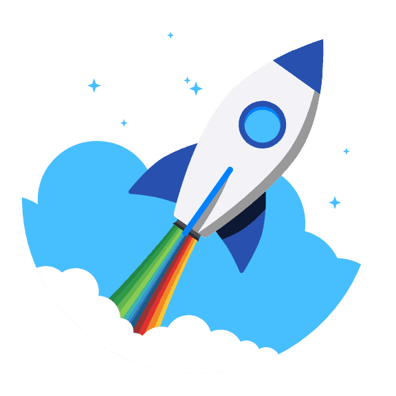 A colorful rocket icon blasting off against a backdrop of blue clouds and a circular white border.