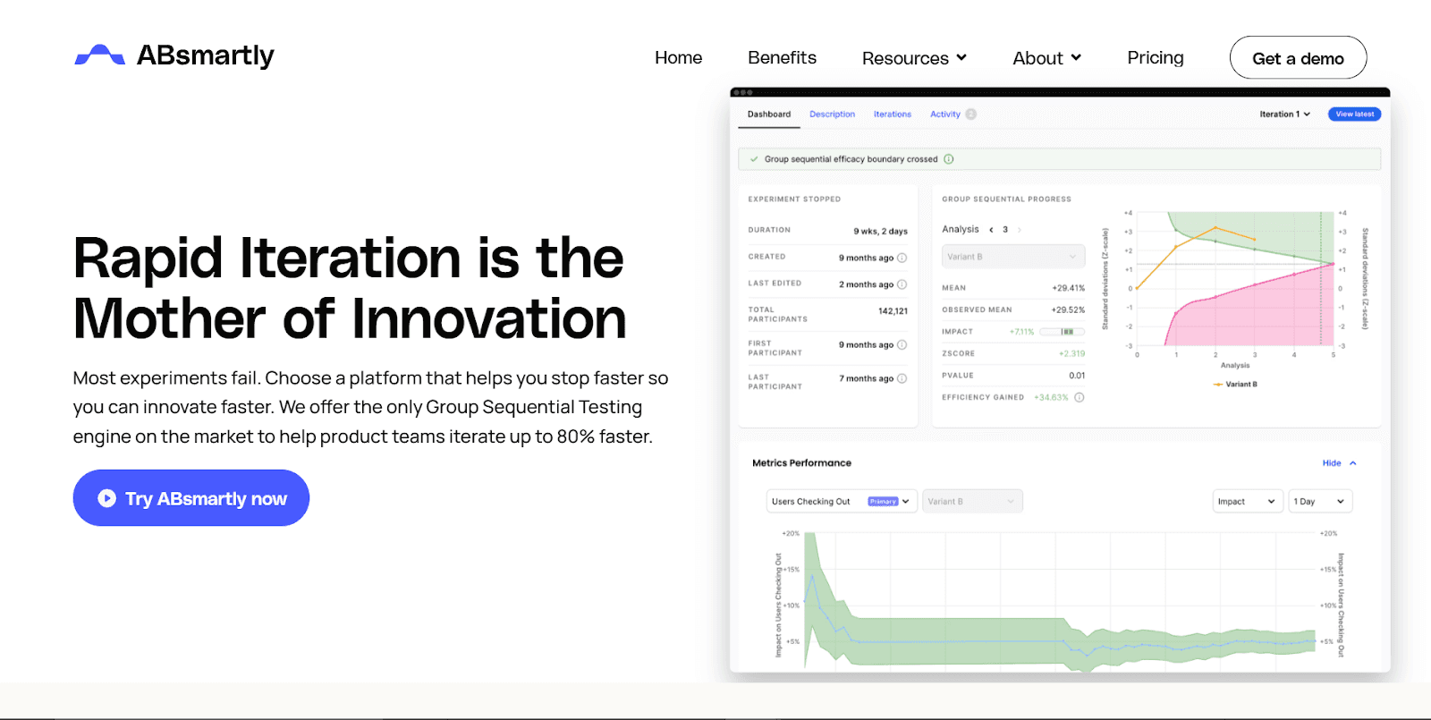 ABsmartly homepage showcasing A/B testing platform with a dashboard, graphs, and a call-to-action button.