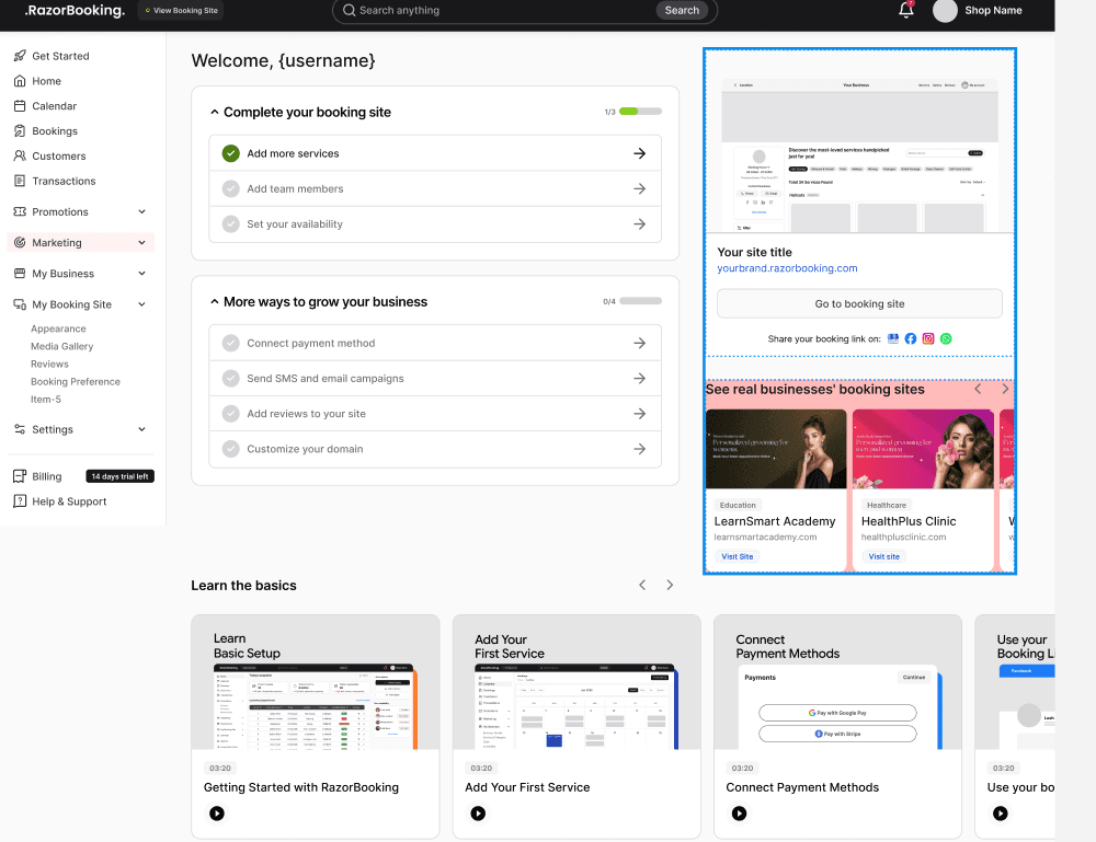 RazorBooking dashboard after logging in, with the left sidebar menu and the setup checklist