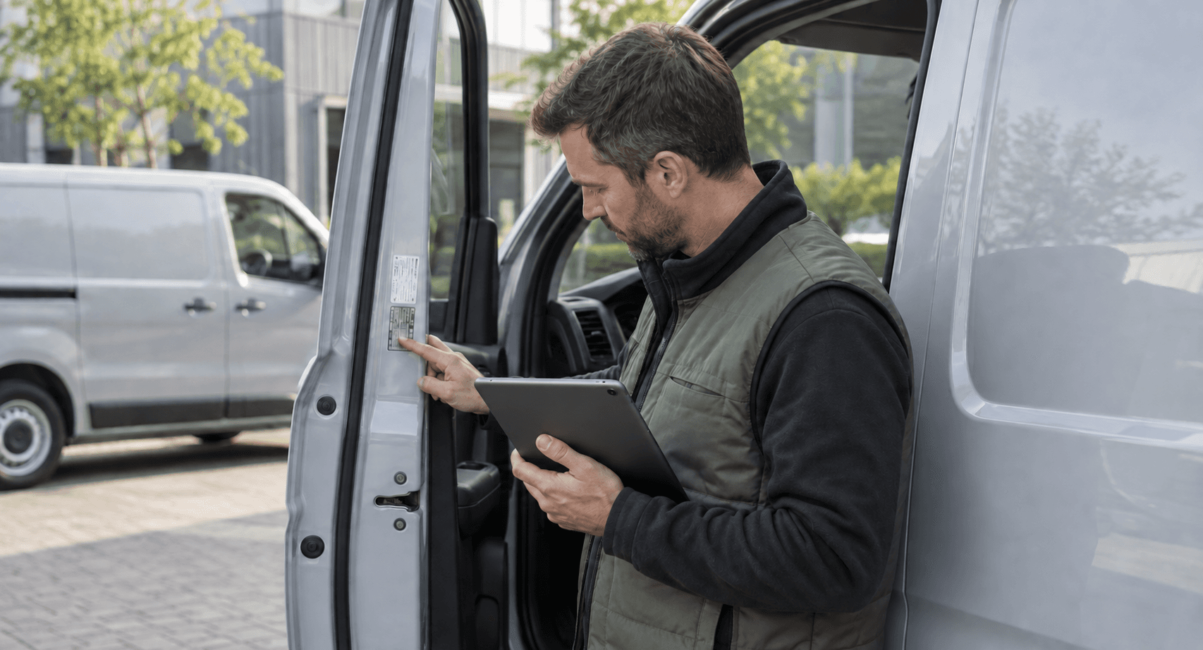 Ein Mitarbeiter prüft Fahrzeugangaben an einer geöffneten Transportertür und hält ein Tablet.