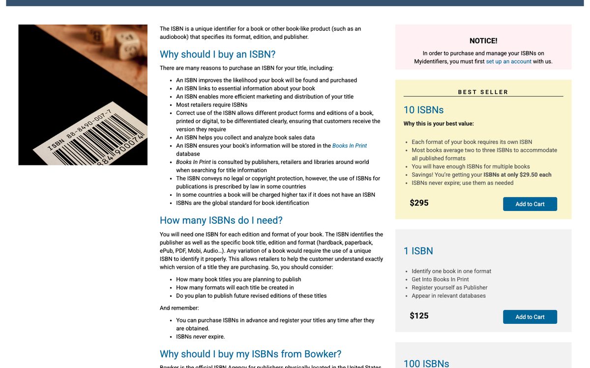 Bowker’s Buy ISBNs page showing 10 ISBNs for $295, or $29.50 each, and a single ISBN for $125