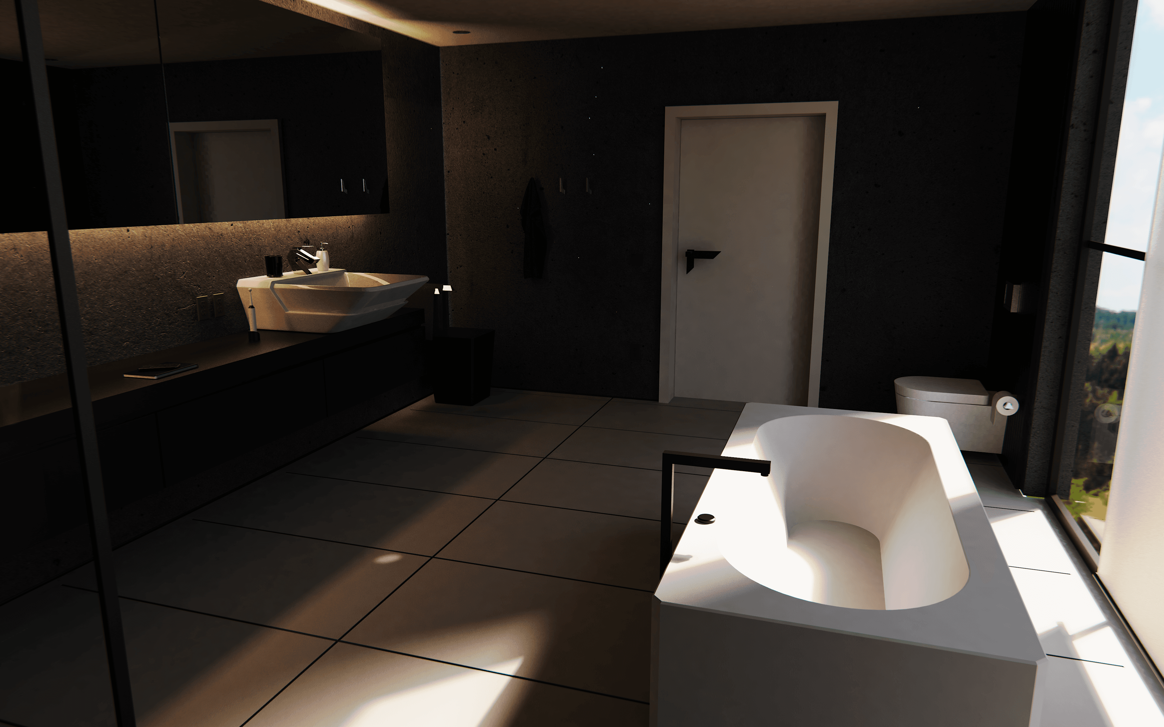 Bathroom render scene showing a slightly warm lit bathroom during the day, focusing on the washbasin, faucet and towel holder from the Kane bathroom accessories collection, with a bathtub positioned in front of the bathroom door.