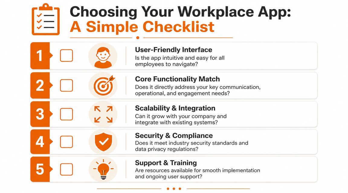 A five-point checklist for choosing a workplace app, highlighting user interface, functionality, scalability, security, and support.