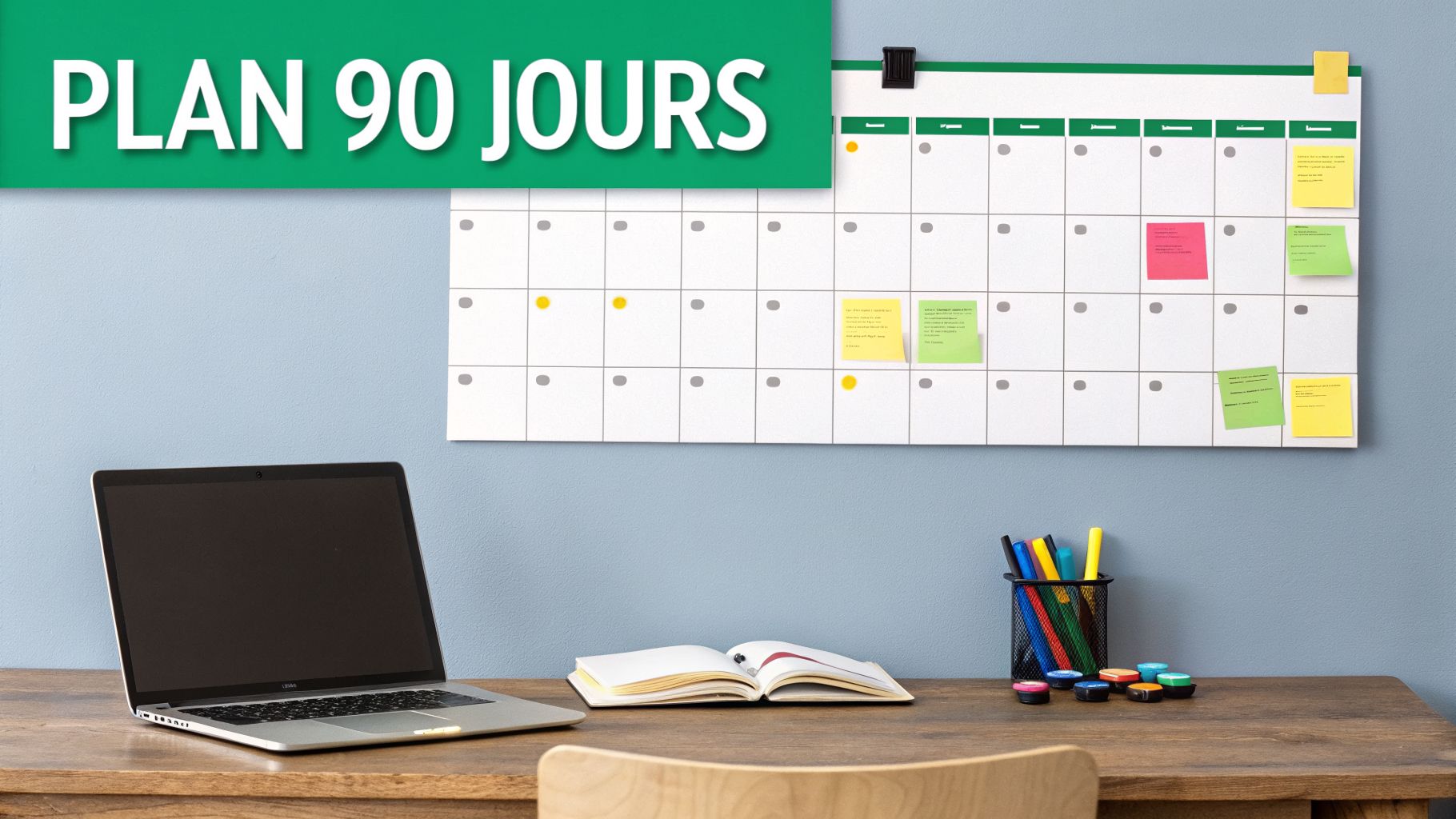 Bureau organisé avec un ordinateur portable, un carnet ouvert et un calendrier mural « PLAN 90 JOURS ».